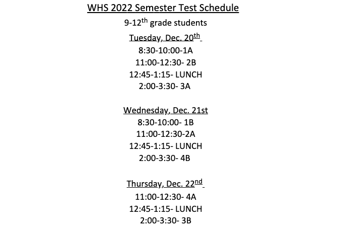 Updated Semester Test Schedule